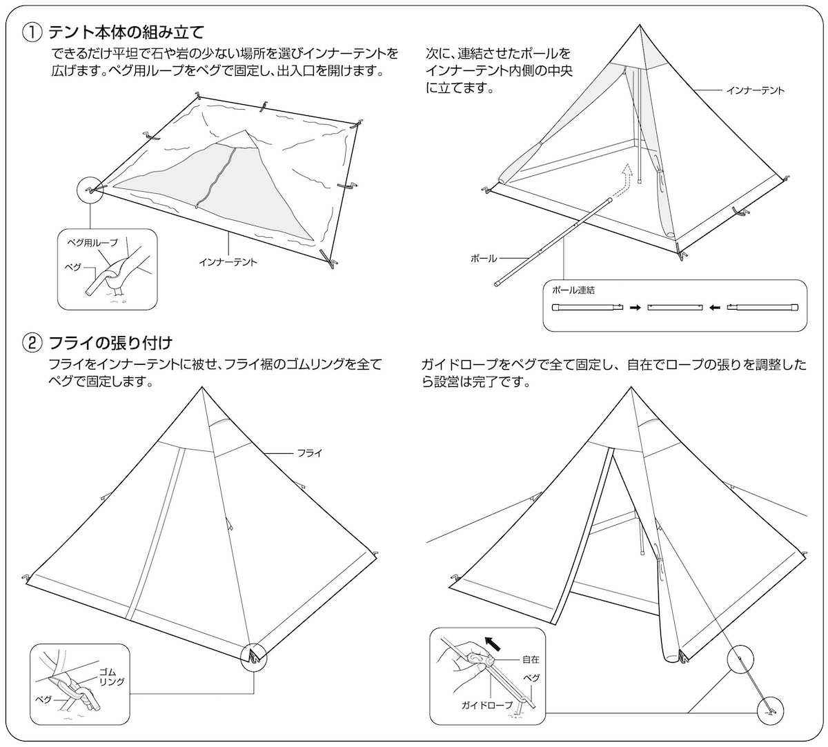 テント本体の組み立て、フライの張り付け