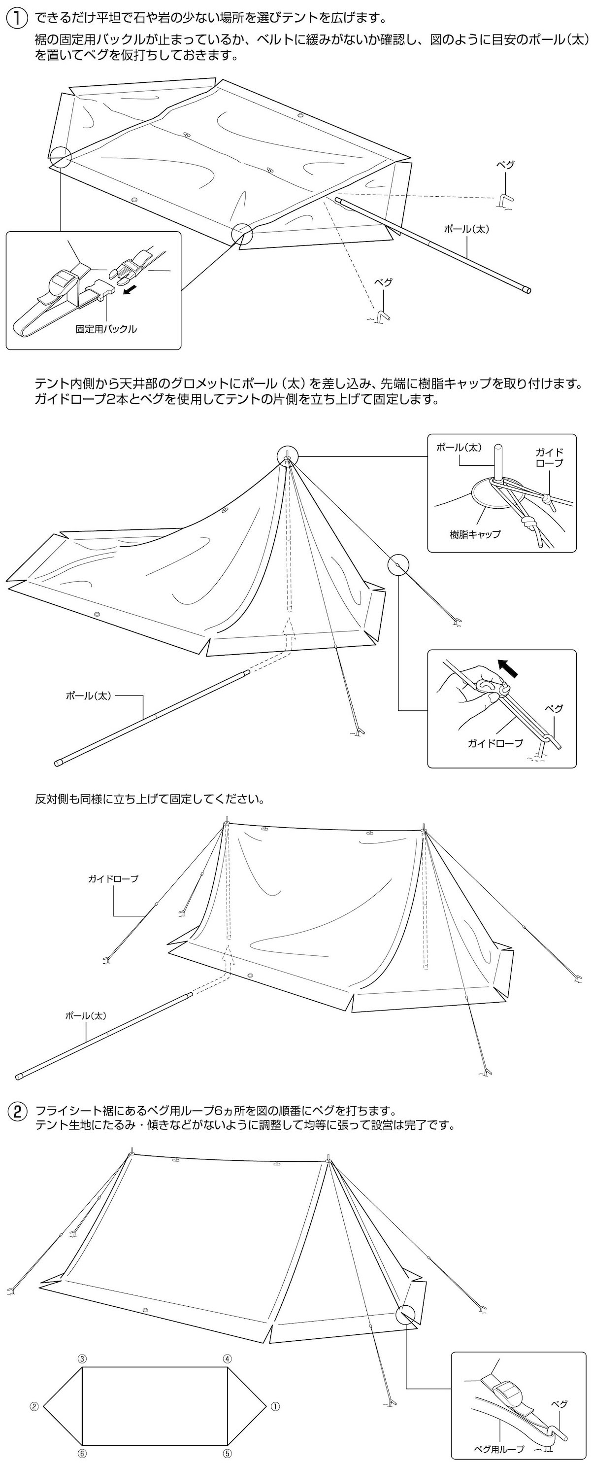 平坦な場所でテントを広げる、ペグの打ち込み